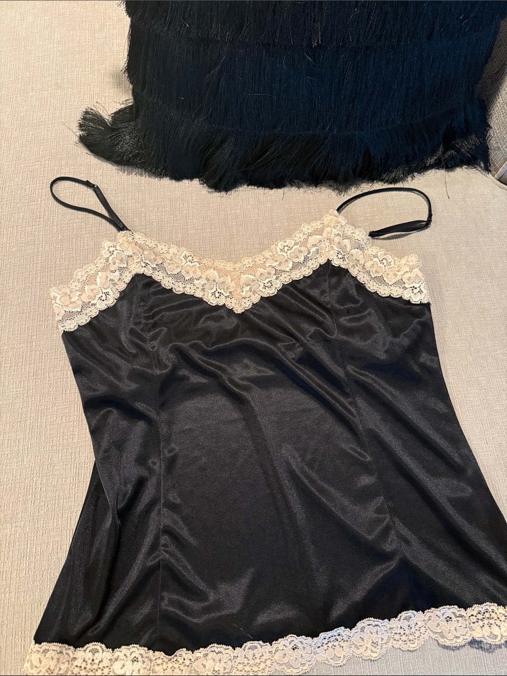 Worthington Black Satin Chemise with Ivory Lace Trim